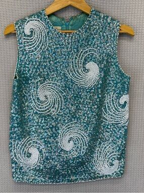 Vintage Beaded Top Sz Med Blue Sequin 100% Wool From Hong Kong 60s 70s Stars